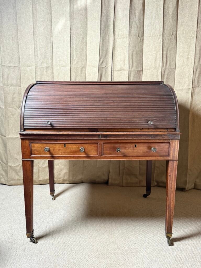 Early 19th Century George III Mahogany Cylinder Writing Desk with Tambour Roll Top