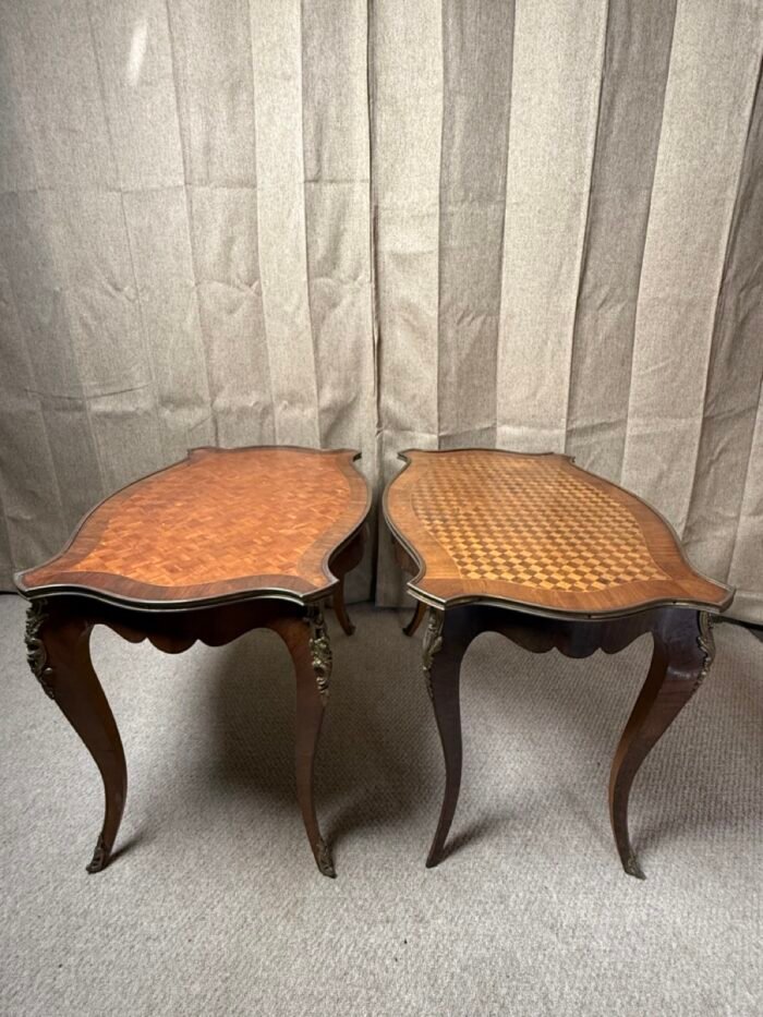 Pair of 20th Century Louis XV Revival Parquetry Salon Tables with Gilt Metal Mounts - Image 3