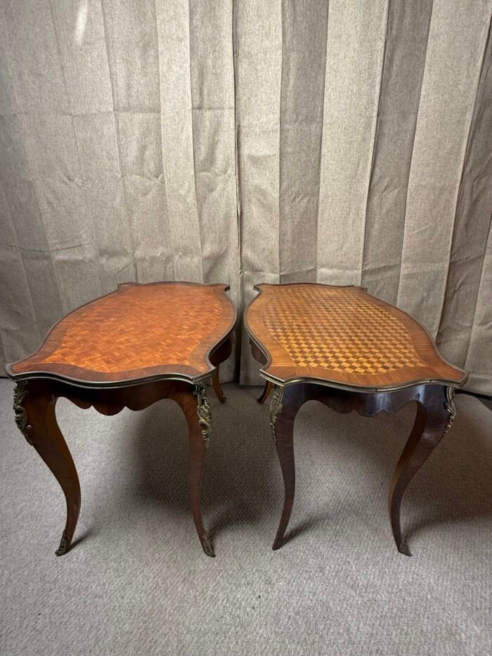 Pair of 20th Century Louis XV Revival Parquetry Salon Tables with Gilt Metal Mounts