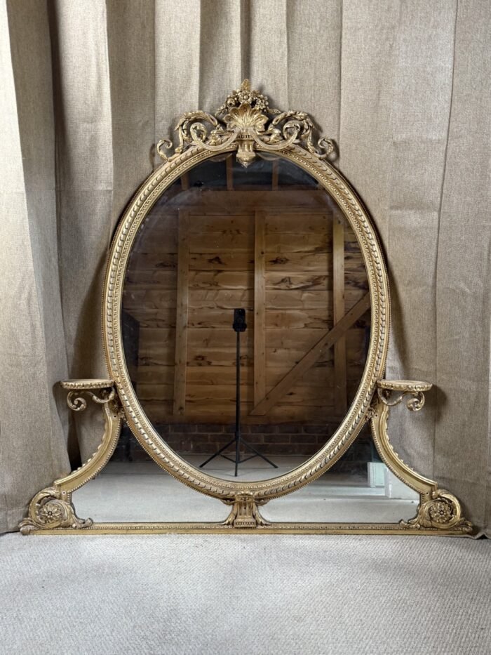 Large Mid-19th Century Giltwood Overmantle Mirror with Scroll Supports, c.1850