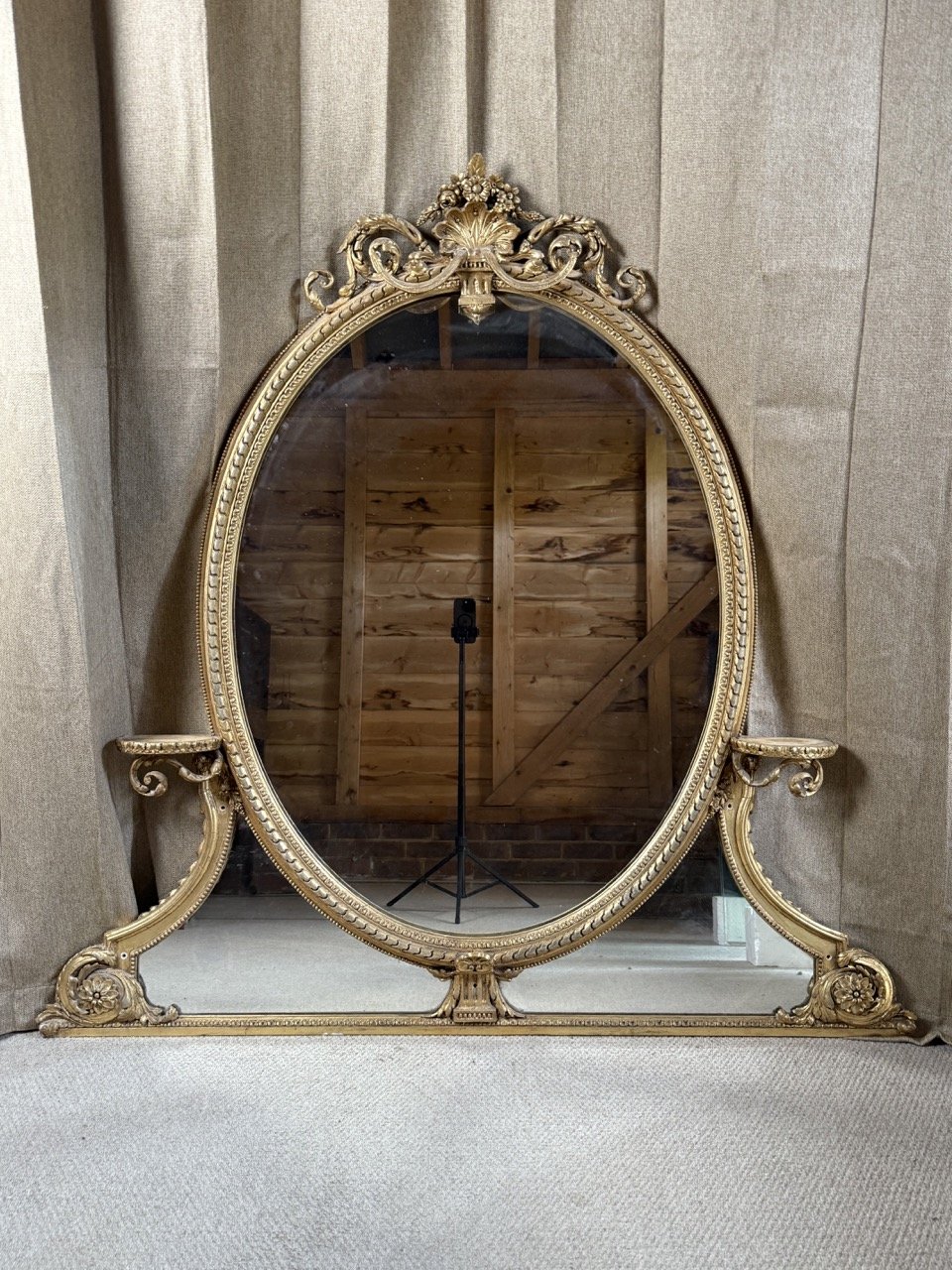 Large Mid-19th Century Giltwood Overmantle Mirror with Scroll Supports, c.1850