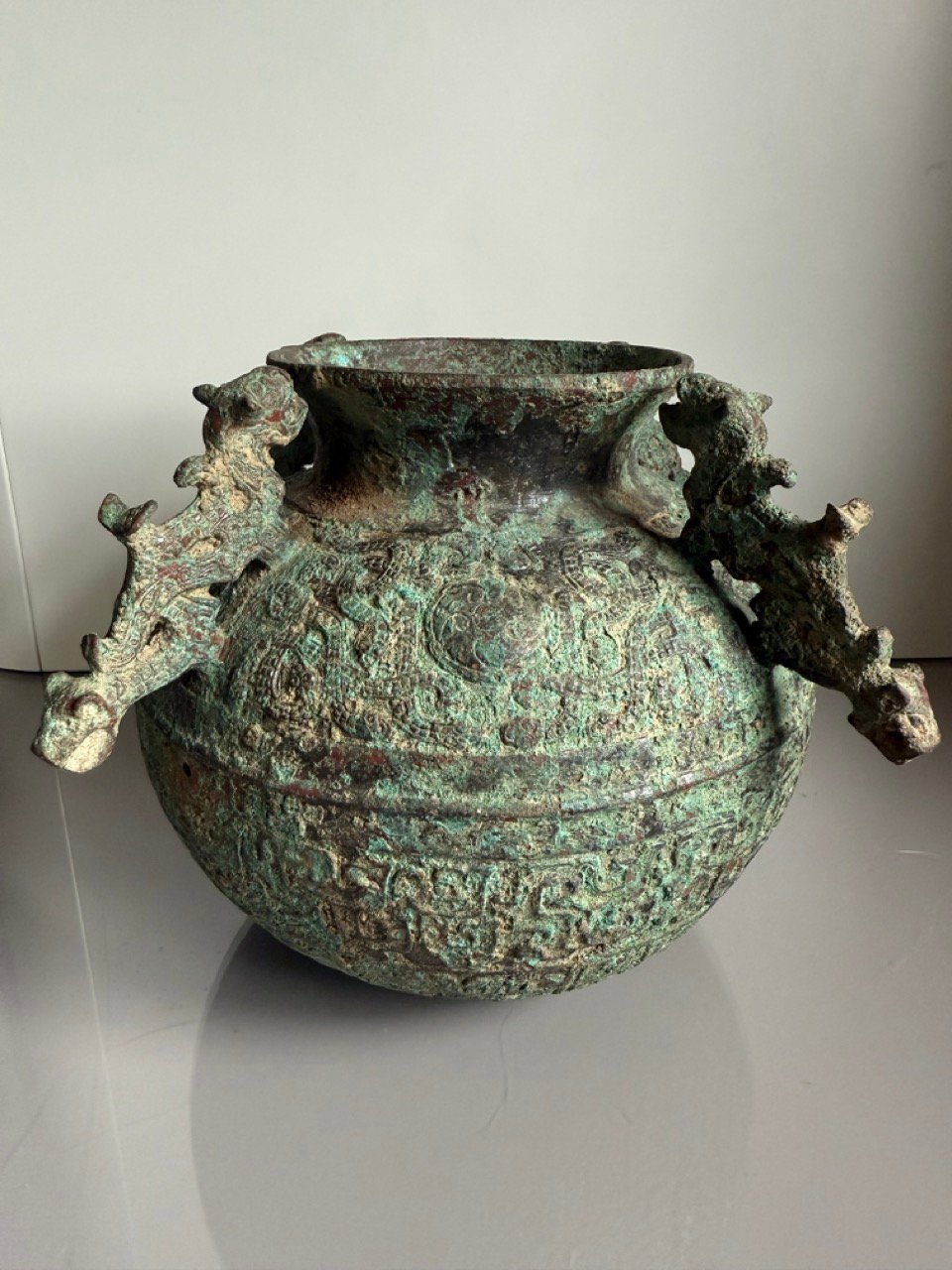 Archaic 19th Century Chinese Bronze Vessel with Dragon Handles and Verdigris Patina