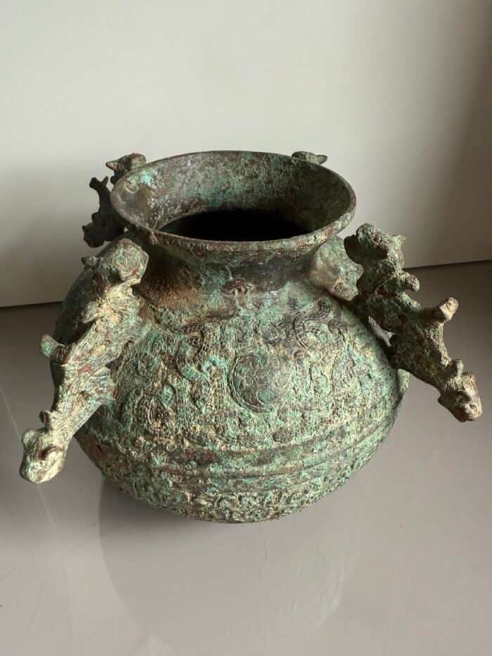 Archaic 19th Century Chinese Bronze Vessel with Dragon Handles and Verdigris Patina - Image 4