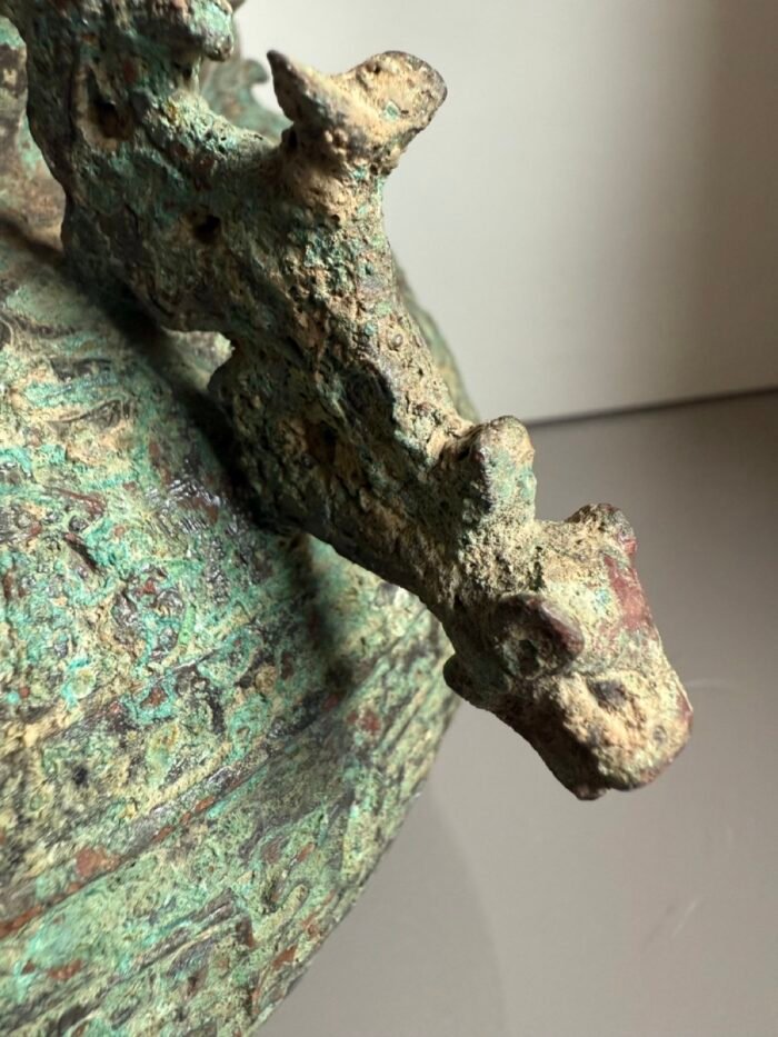 Archaic 19th Century Chinese Bronze Vessel with Dragon Handles and Verdigris Patina - Image 5