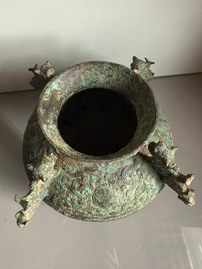 Archaic 19th Century Chinese Bronze Vessel with Dragon Handles and Verdigris Patina - Image 6