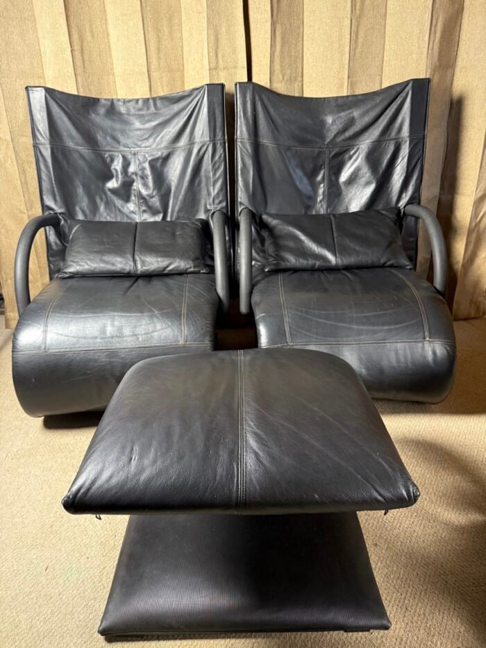 Pair of Ligne Rosset Zen Leather Chairs - with Ottoman.