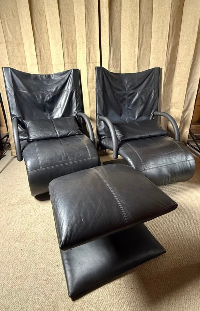 Pair of Ligne Rosset Zen Leather Chairs - with Ottoman. - Image 5